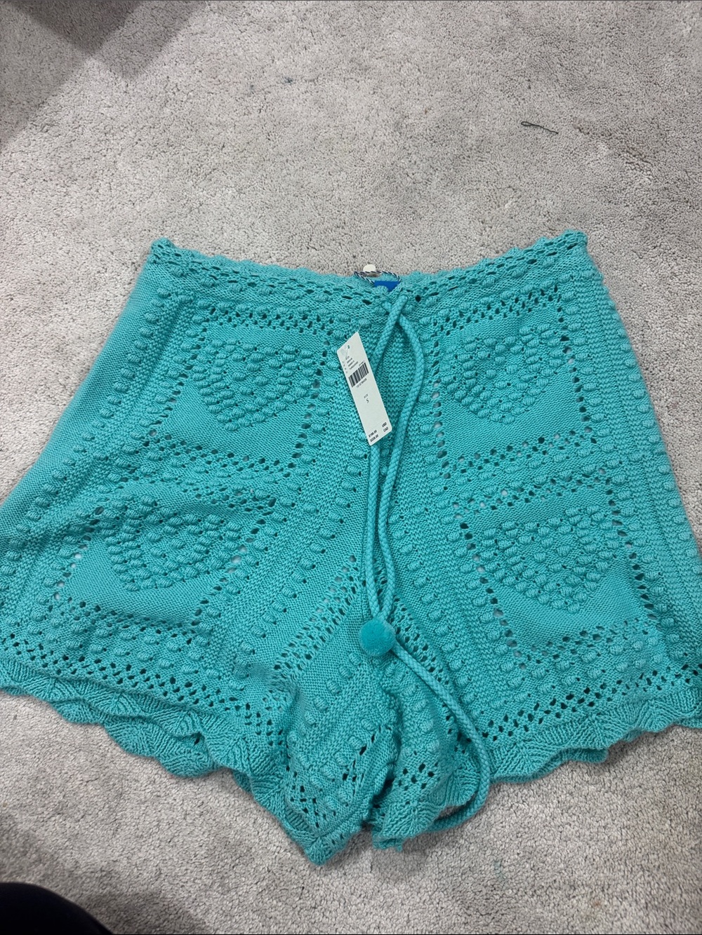 FARM Rio Turquoise Crochet Knit Shorts with Drawstring Pom